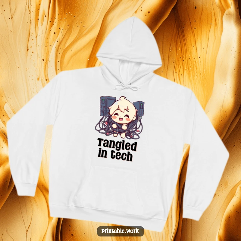 Funny hoodie print of a cheerful character entangled in a messy tangle of computer cables, a humorous depiction of tech overload.