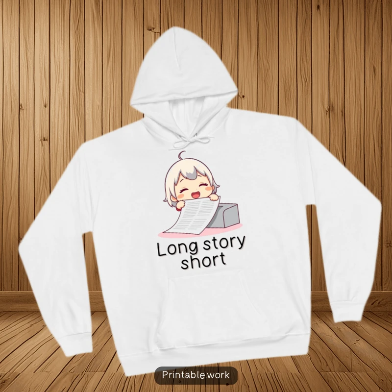 Funny hoodie with a giggling character seemingly delighted by printing an absurdly long document, a humorous and warm present.