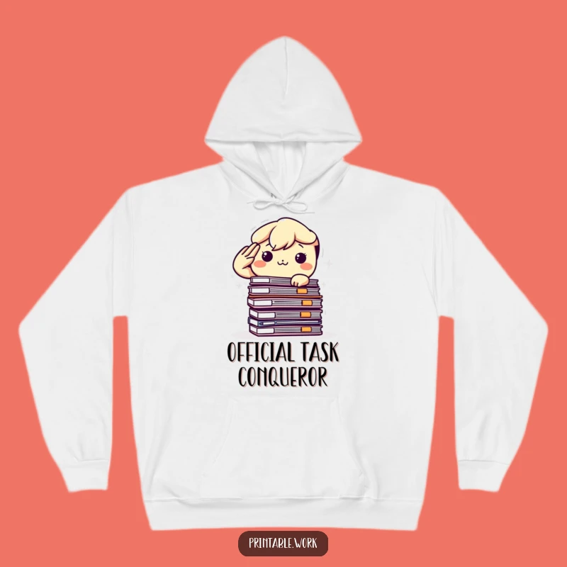 Funny Kawaii Determined Office Hero Hoodie: Saluting Files in Style, Cozy & Hilarious Gift
