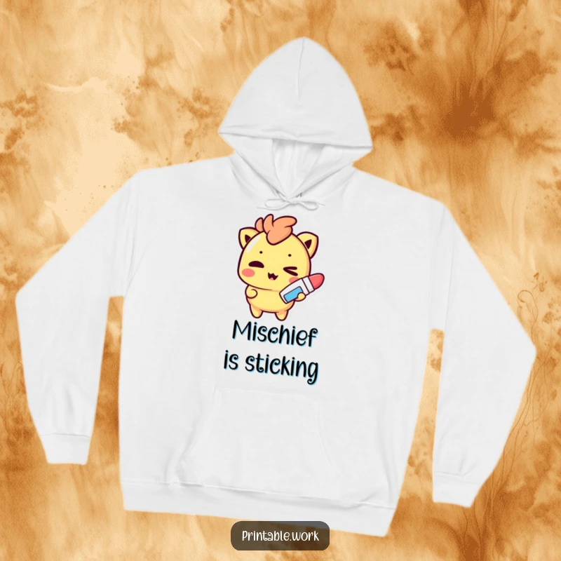 Funny Hoodie: A mischievous Kawaii character winks playfully, holding a glue stick, perfect for crafty sessions.