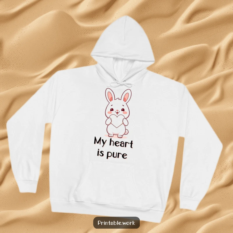 Funny Kawaii rabbit character cutting a heart on a cozy hoodie, embodying warmth, love, and cheerful humor.
