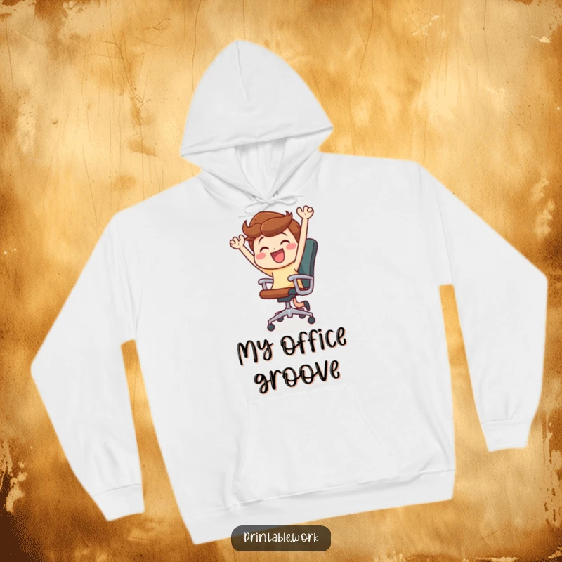 Funny hoodie print of a joyful character enthusiastically dancing and spinning in an office chair, a humorous representation of fun.