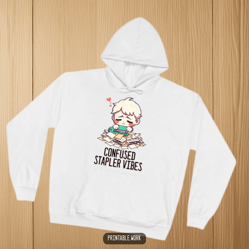 Funny office character hoodie, confused trying to staple a pile of loose papers, cozy, office humor, relatable, perfect gift.