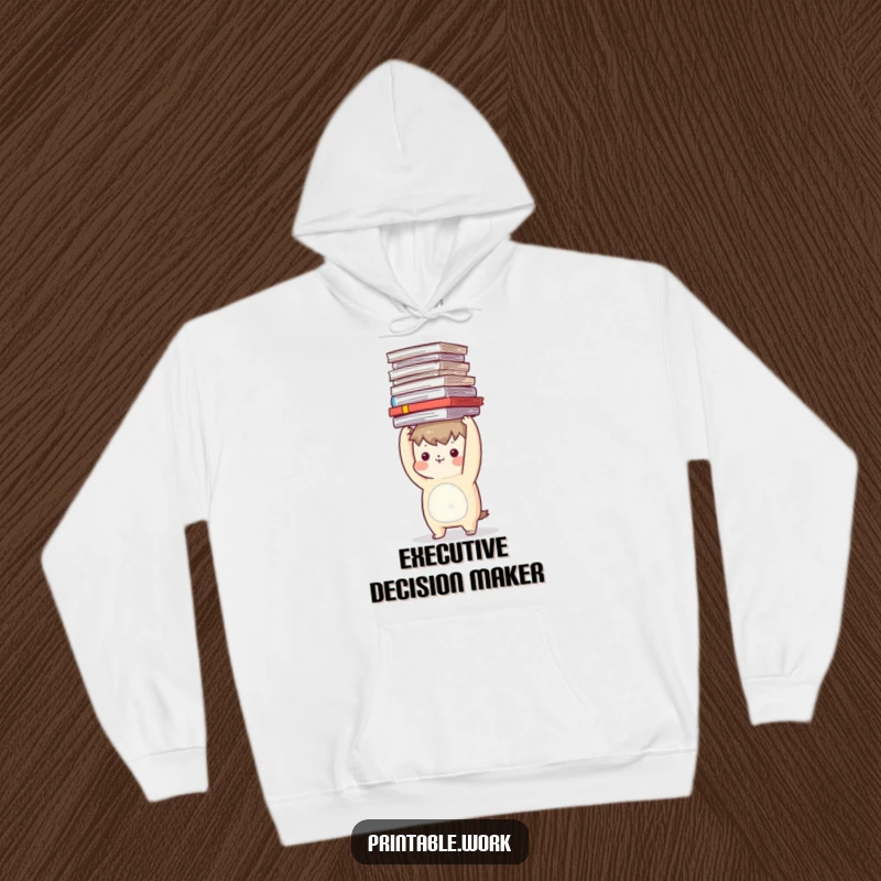 Funny hoodie with a character precariously balancing a large stack of papers on its head, cozy office humor.