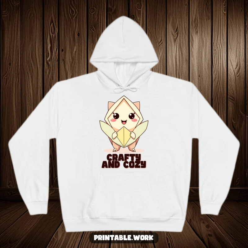 Funny warm hoodie featuring a character offering an origami creation, symbolizing artistic comfort and gentle humor.