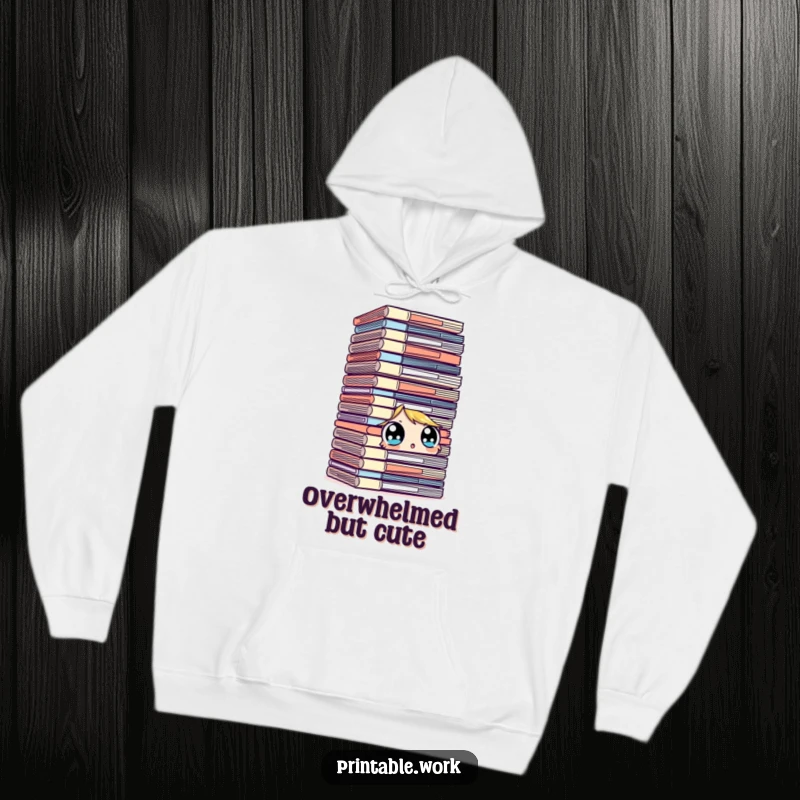 Funny character hoodie, surprised looking at a towering stack of files with wide eyes, cozy, office humor, overwhelmed, perfect gift.