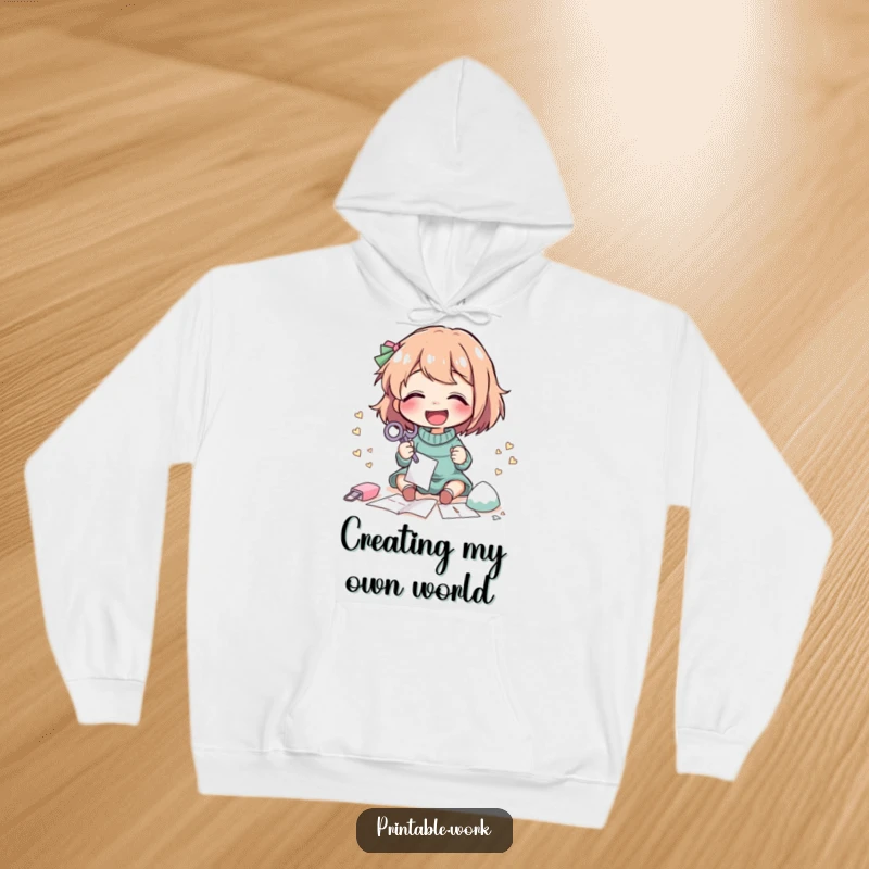 Funny Hoodie: A character giggles while skillfully cutting intricate paper shapes with scissors, embodying crafting fun.