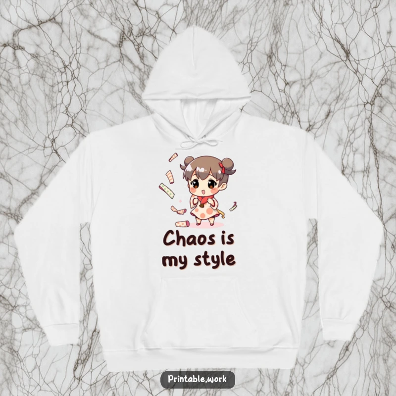 Funny warm hoodie with a character juggling paper rolls, perfect for crafters and art lovers, cozy and humorous.