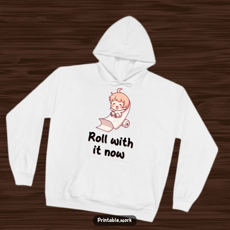 Funny Hoodie: A cartoon character slides with abandon down a giant paper roll, radiating pure, unadulterated happiness.