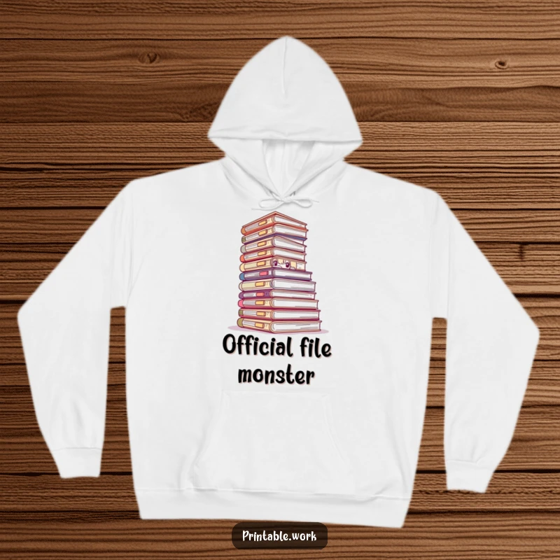 Funny hoodie depicting a shy character peeking from behind an enormous stack of papers, symbolizing office overwhelm with a humorous twist.