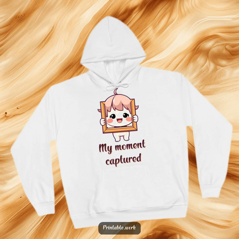 Funny Hoodie: Character joyfully holds a framed picture, radiating warmth and celebrating happy times.