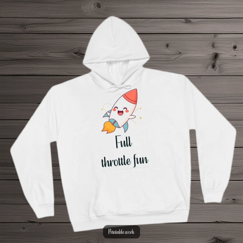 Funny hoodie featuring a giggling paper rocket character with flames blasting off, soft and warm for cosmic adventures.