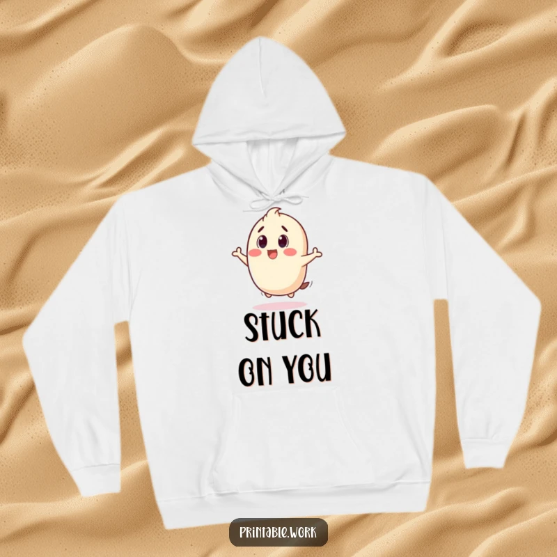 Funny hoodie with a surprised stamp character bouncing with a joyful thud, perfect for cozy wear and expressing happiness.