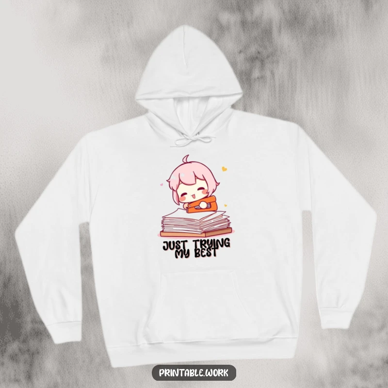 Funny hoodie showing a character struggling to staple an entire ream of paper, perfect for cozy humor and office vibes.