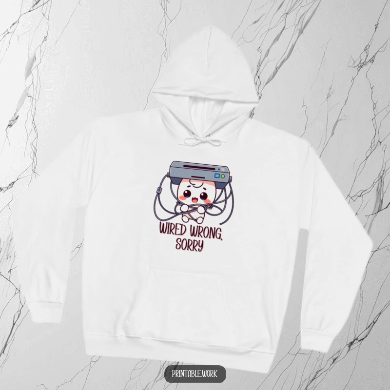 Funny Tech Trouble Hoodie depicting a surprised Kawaii character comically tangled in a mess of printer cables, soft and humorous apparel.