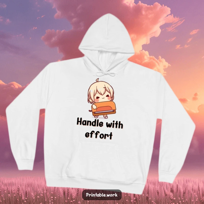Funny hoodie depicting a character comically struggling with an absurdly large hole punch, perfect for cozy humor.