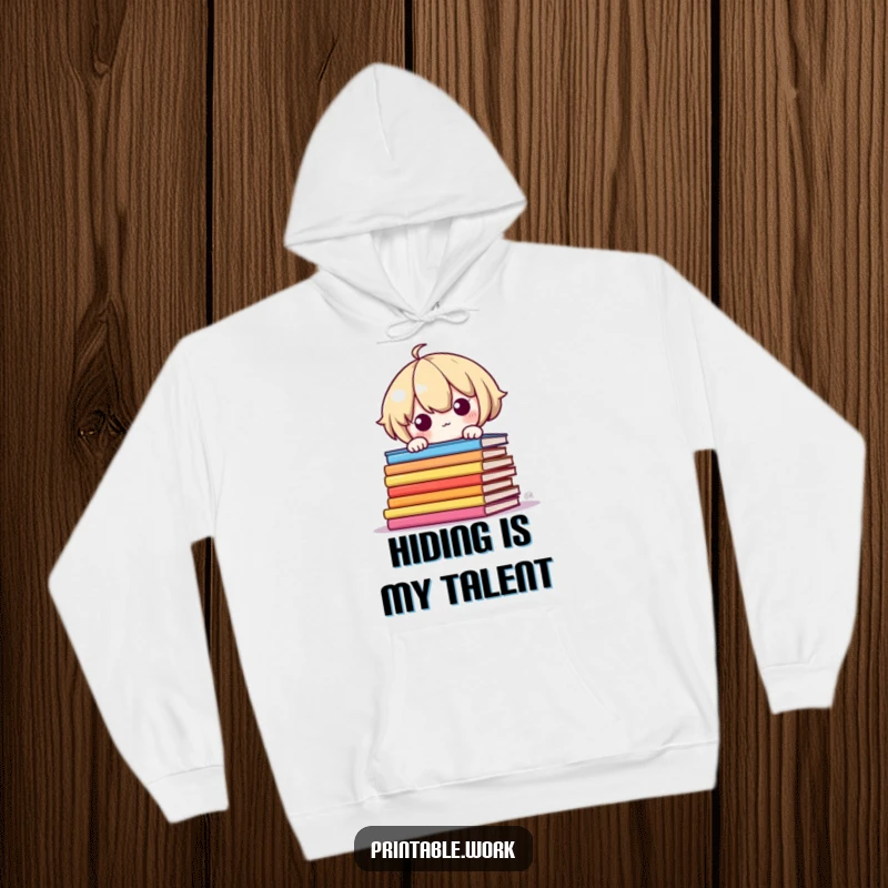 Funny Hoodie: Shy Kawaii character peeking from behind colorful book pages, a warm and humorous apparel item.