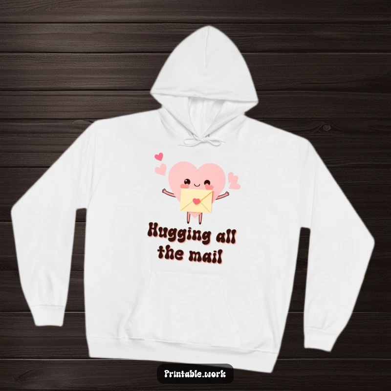Funny Hoodie showcasing a paper heart character, arms open wide, hugging a small envelope. Embodies warmth and affection.