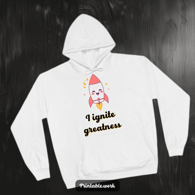 Funny hoodie depicting a giggling paper rocket character with fiery flames, blasting off on a cosmic adventure.