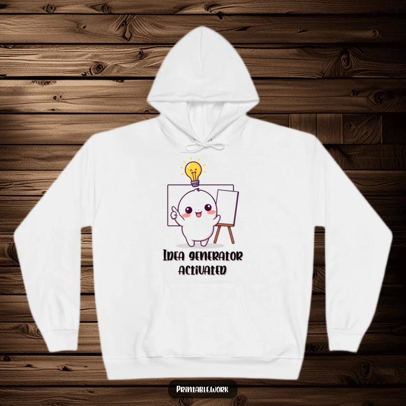 Funny Hoodie: Comfortable hoodie with a kawaii character featuring a lit idea bulb and pointing to a whiteboard, perfect for inspired minds.