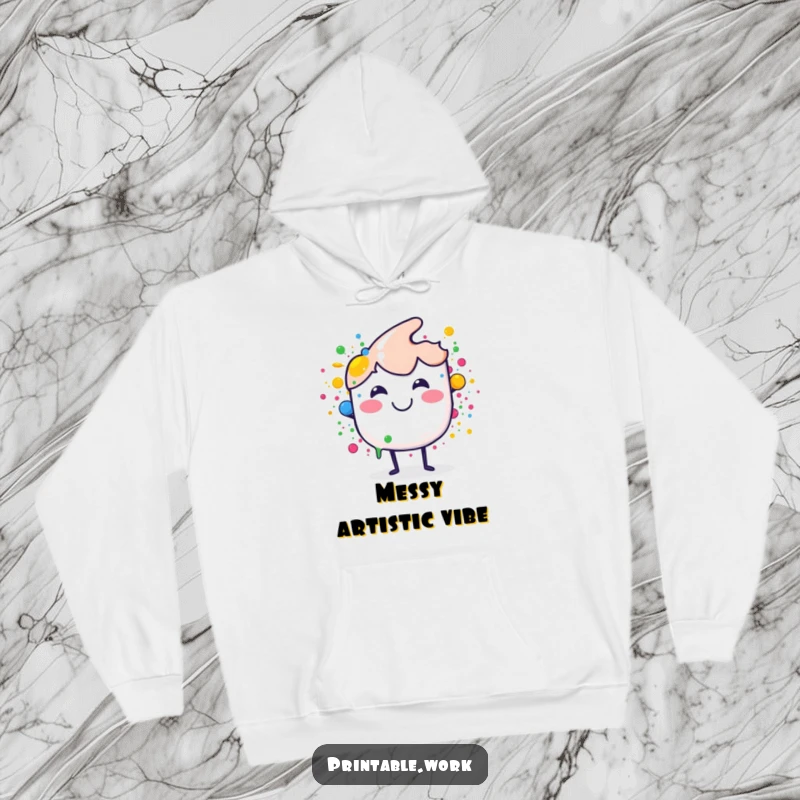 Funny hoodie featuring a smiling paint brush splashing vibrant dots, bringing artistic cheer and warmth, a great funny gift.