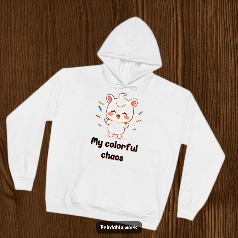 Funny Hoodie: A giggling Kawaii character juggles various colorful pens with delight, perfect for cozy creativity.