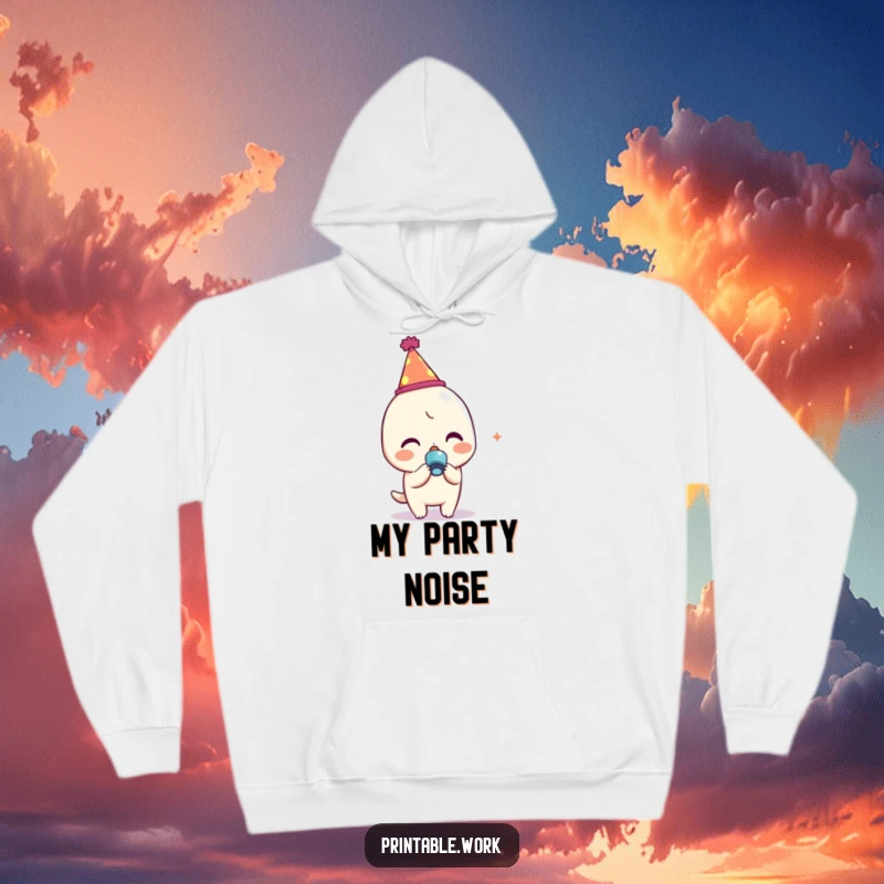 Funny Kawaii character in a party hat blowing a noisemaker, cozy hoodie design, perfect for spreading party cheer and warmth.