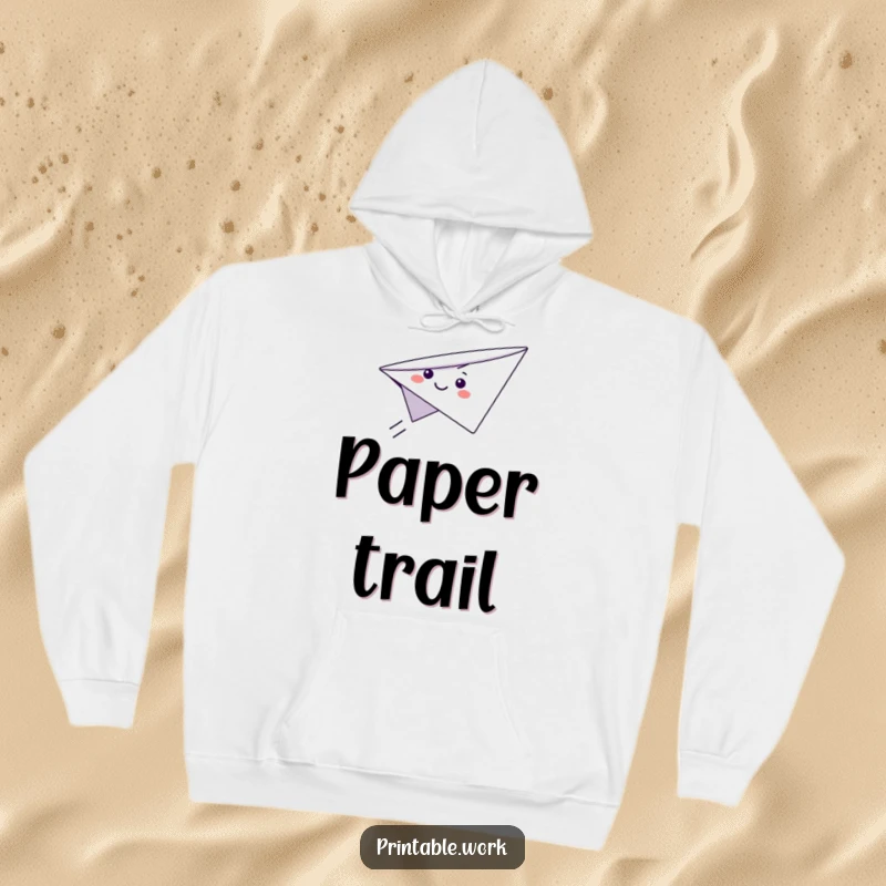 Funny Paper Airplane Hoodie showing a cute, smiling paper airplane character in mid-flight, perfect for comfortable, whimsical wear.