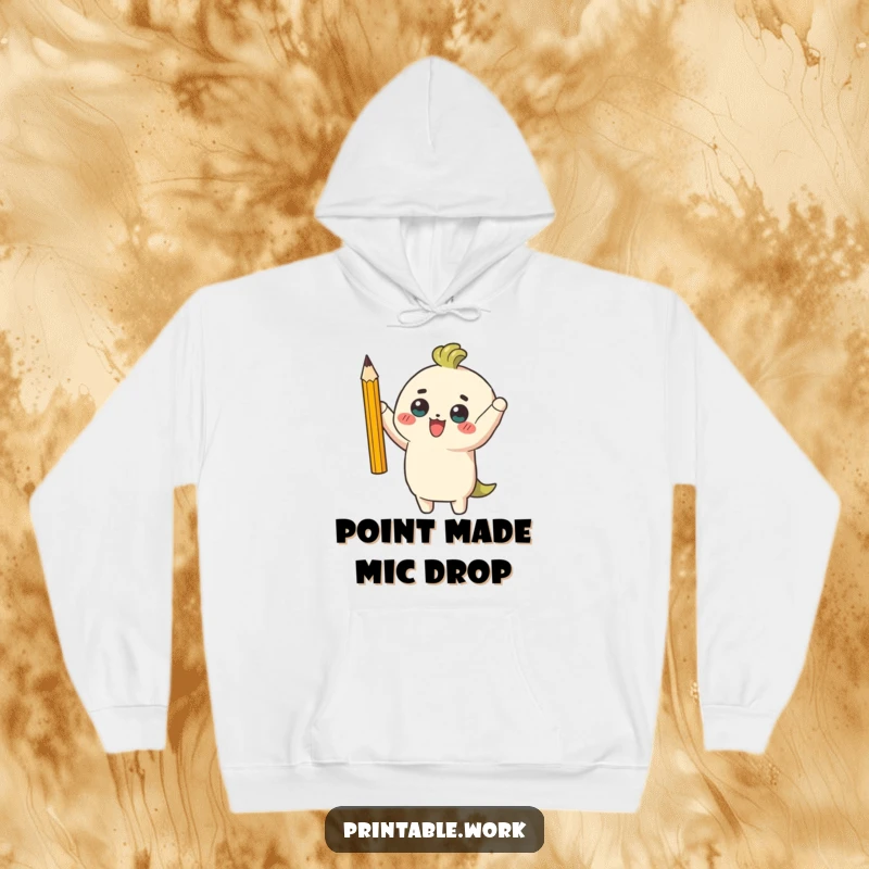 Funny hoodie depicting a character beaming with pride while holding aloft a single, perfectly sharpened pencil, radiating intellectual accomplishment.