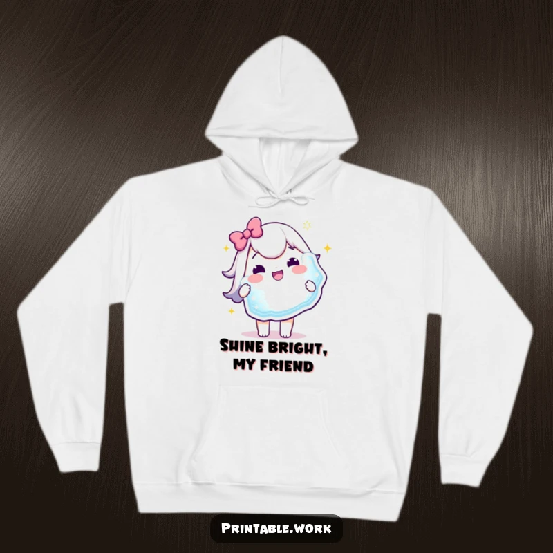 Funny Hoodie: A delighted Kawaii character holds a large, sparkling sticker with immense joy, perfect for cozying up.