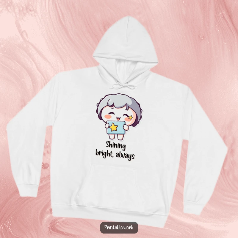 Funny hoodie featuring a happy character with a star on its cheek, holding a stencil. Comfort meets creative expression.