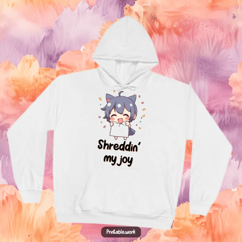 Funny Hoodie: Character tears paper with abandon, releasing a cascade of confetti, embodying pure celebratory joy.