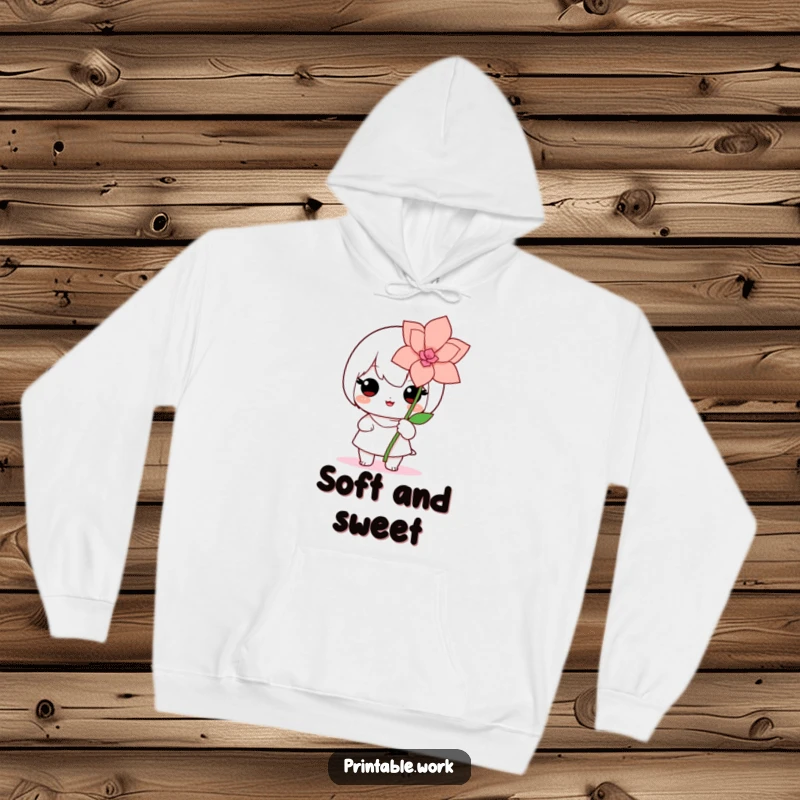 Cute Kawaii hoodie depicting a proud character beaming with joy while showcasing a meticulously crafted paper flower, a symbol of dedication.