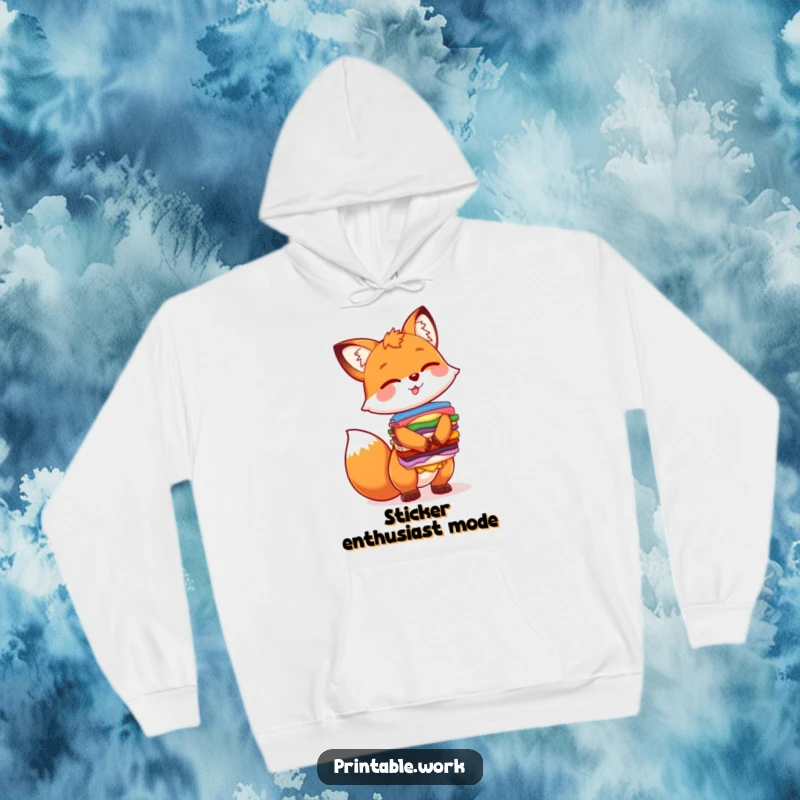 Funny hoodie depicting a happy fox character balancing an impressive, colorful stack of stickers, radiating warmth and amusement.