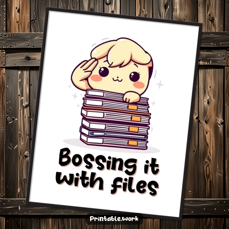 Funny Free Printable Wall Art: A determined Kawaii character salutes an enormous stack of files, embodying the spirit of office achievement.