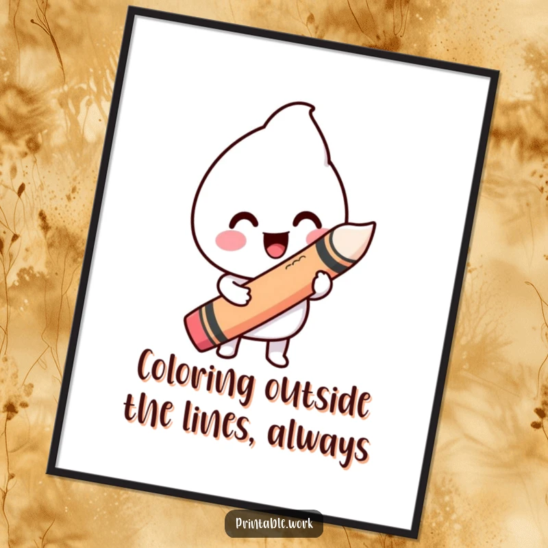 Funny Free Printable Wall Art: A happy Kawaii character draws a large, wiggly line with a giant crayon, creating whimsical downloadable art.