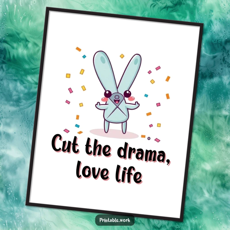 Funny Free Printable Wall Art depicting a playful pair of scissors character energetically snipping colorful confetti, ideal for a party atmosphere.