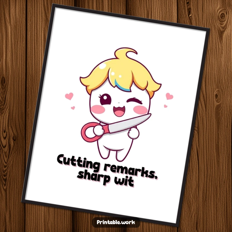 Funny Free Printable Wall Art: Cheerful Kawaii character winking mischievously while holding a pair of scissors, adding a playful touch.