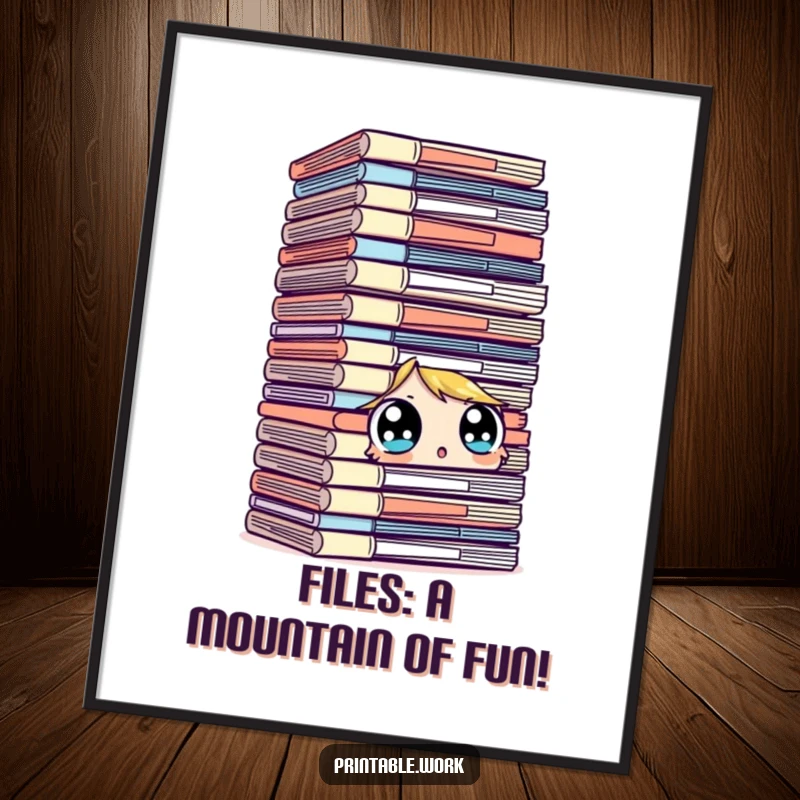 Funny Free Printable Wall Art: Surprised character with eyes wide open, facing a dauntingly tall stack of files.