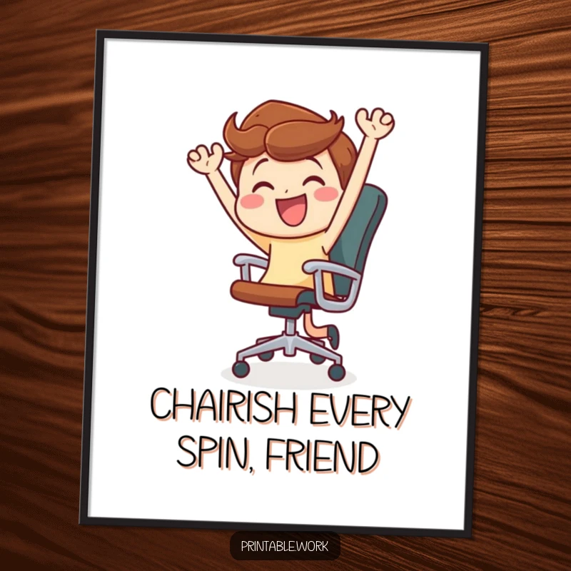 Funny Free Printable Wall Art: Character joyfully dancing with a rolling office chair, energetic office decor