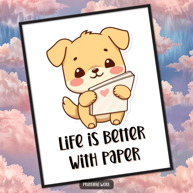Funny Free Printable Wall Art: An extremely happy kawaii dog holds a huge pile of colorful patterned paper, ready for crafting projects.