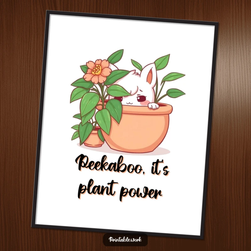 Funny Free Printable Wall Art: A playful character peeks out from behind a large potted plant, offering a mischievous smile.