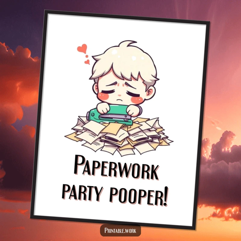 Funny Free Printable Wall Art: Confused character with a look of utter bewilderment trying to staple loose papers.