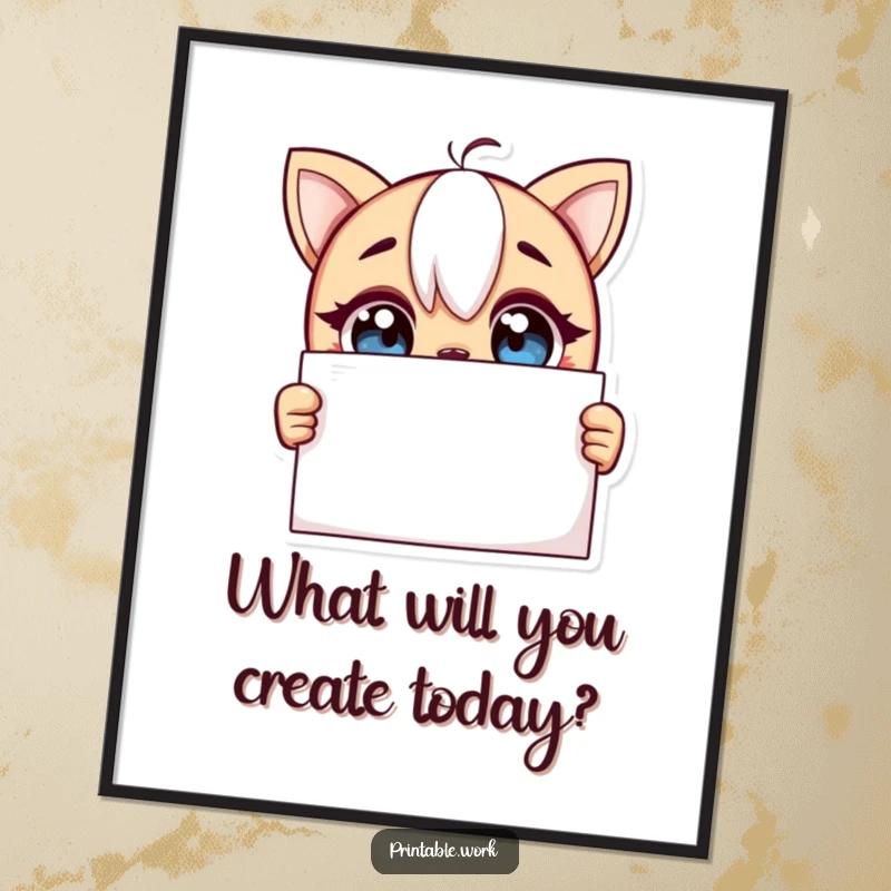 Funny Free Printable Wall Art: Curious character with wide, excited eyes contemplates a pristine blank page.