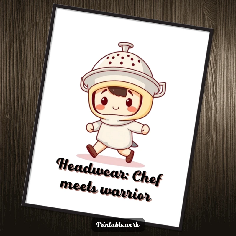Funny Free Printable Wall Art of a Kawaii character marching with pride, wearing a colander as a makeshift helmet.