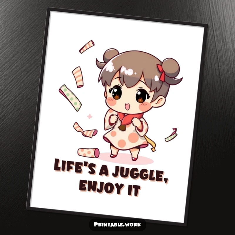 Funny Free Printable Wall Art: Character gleefully juggling small rolls of vibrant patterned paper, creating a dynamic and cheerful display.