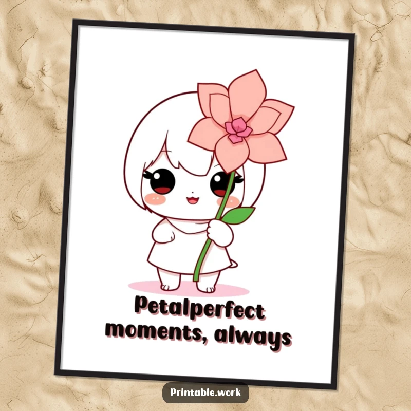 Funny Free Printable Wall Art: A proud Kawaii character displaying a meticulously crafted paper flower with a happy expression.