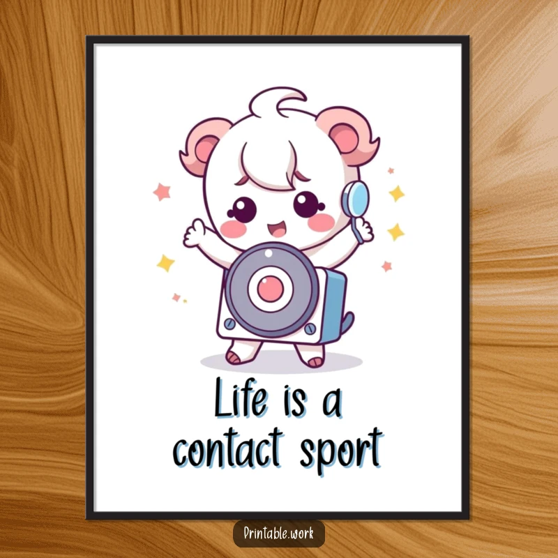 Funny Free Printable Wall Art: Kawaii character doing a silly dance with a rolodex, bringing whimsical energy to any room.