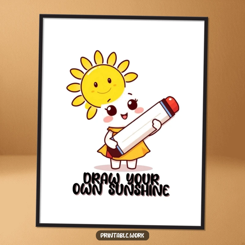Funny free printable wall art of a cute character with a giant marker, drawing a big smiling sun, ideal for cheerful spaces.
