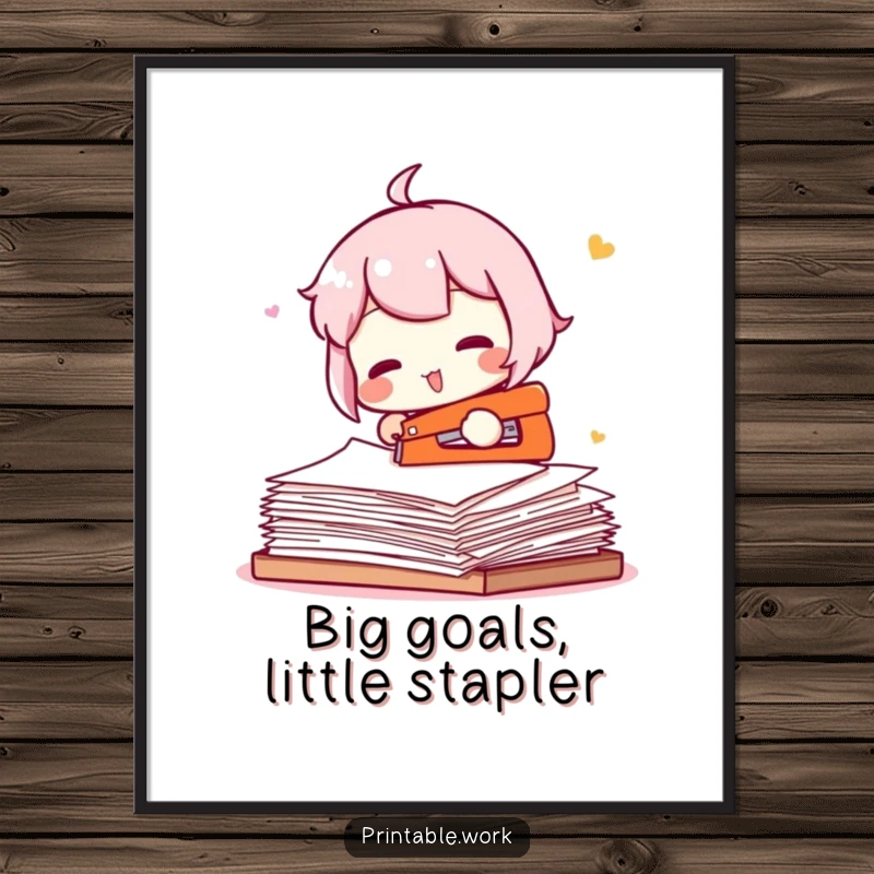 Funny Free Printable Wall Art: Office Character hilariously failing to staple a ream of paper, a unique downloadable decor piece.